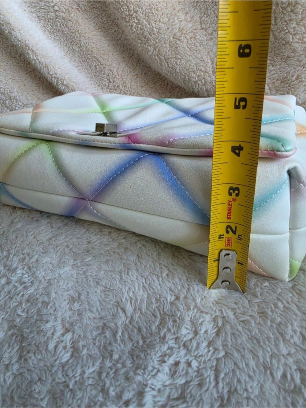 Multicolor Quilted Crossbody Bag White Pastel Rainbow Flap Bag Faux Leather - Picture 12 of 15